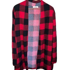 a.gain black and red plaid open front cardigan with brown faux suede elbows